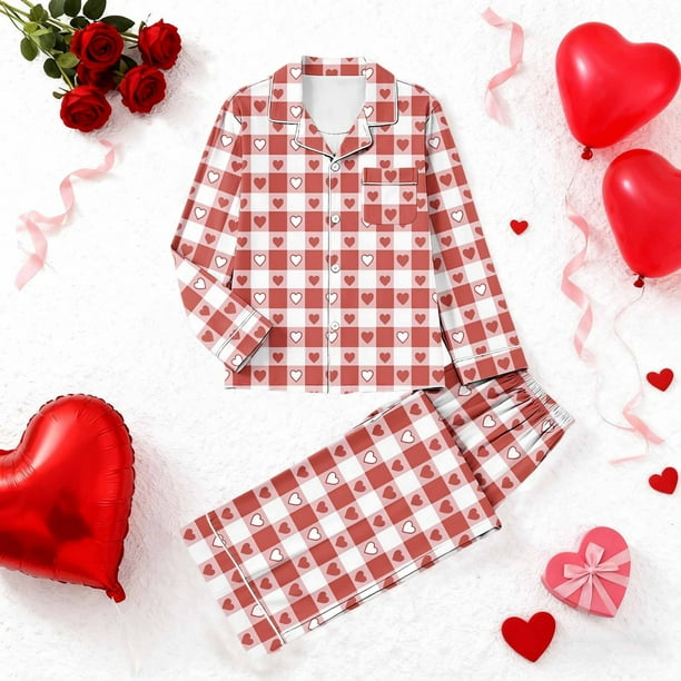 RKSTN Women's Valentines Pajama Sets Plus Size Notch Collar Button Down Valentine's Day Print T Shirt Top and Pjs Pant 2 Piece Matching Set Casual Lapel Sleepwear Shirt Pjs Loungewear Two Piece Set