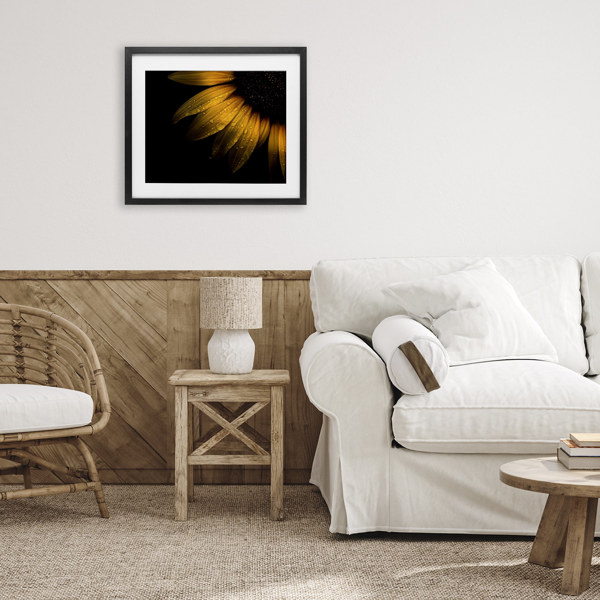 Water Droplets on Sunflower Black Framed Print Under Glass, design by Brian Carson Photography