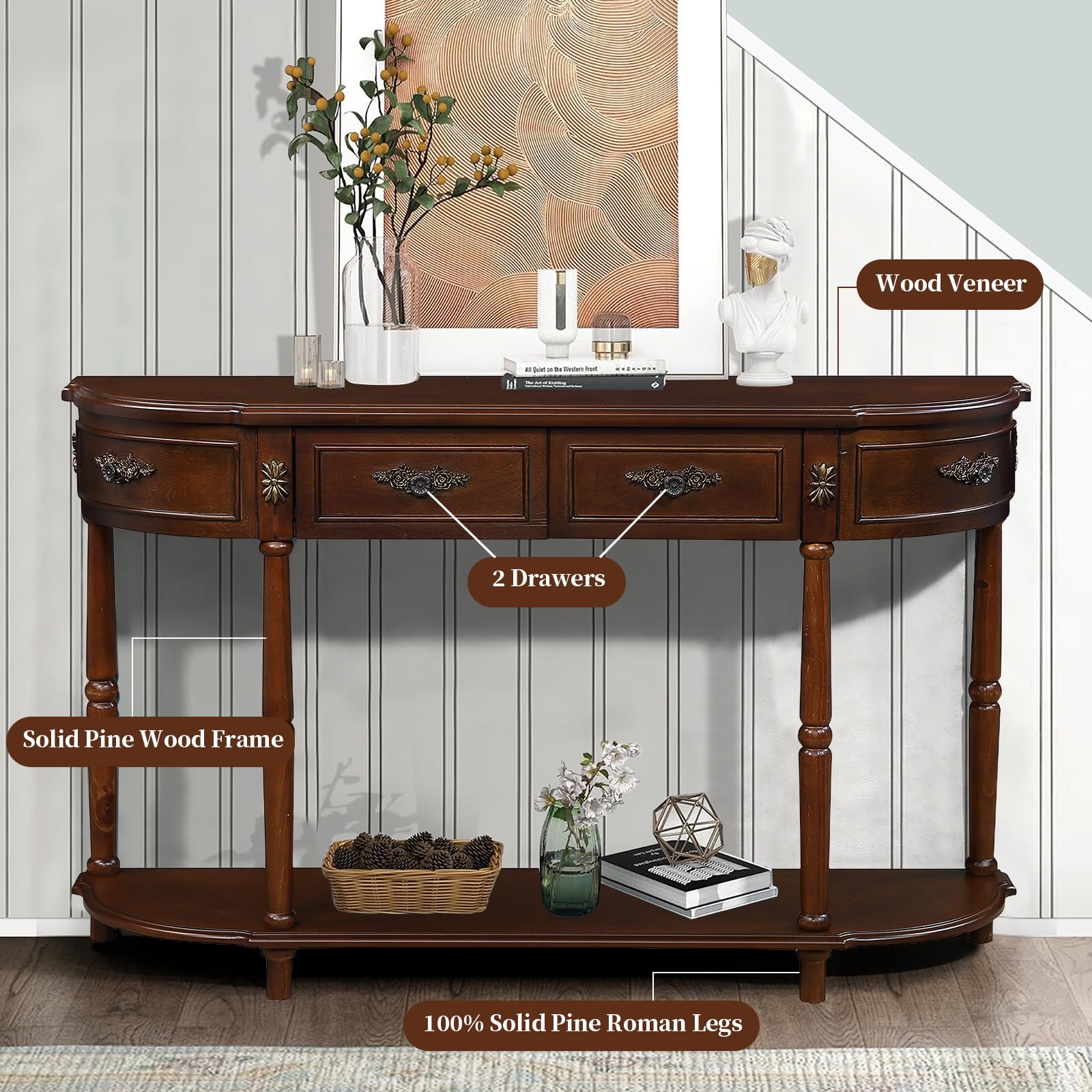 52" Retro Half Moon Console Table - Curved Wood Sofa Table with 2 Drawers & Open Shelf for Entryway, Living Room & Hallway in Cherry
