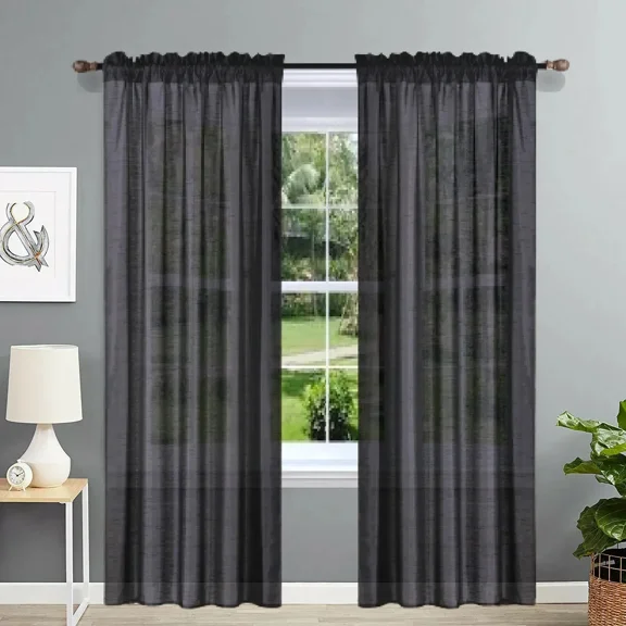 Gorgeous Home Linen 2PC MR2 Black Solid Color Faux Silk Semisheer See Through Rod pocket Window Curtain Panels 55" Wide X 95" Long Each pc