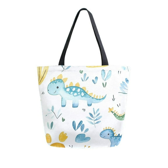 Durable Canvas Tote Bag with Zip Pocket Bags for Woman Shoulder Versatile Carryall for Everyday Use Cute Baby Dinosaur Pattern