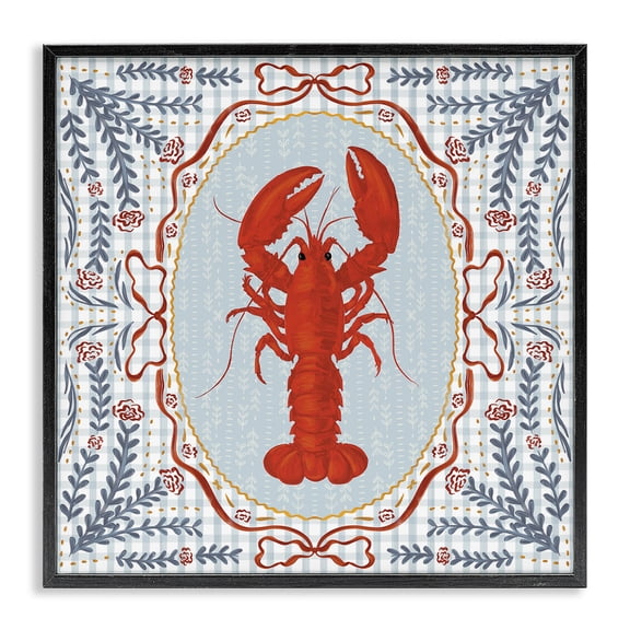 Stupell Industries Coastal Lobster Portrait Blue Gingham Black Framed Giclee Art, 12 x 12, by Vero Illustrates