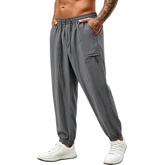 Kvture Men's Loose Fit Straight Leg Trousers Comfy Elastic Waist Pants Breathable Outdoor Walking Sports Dark Gray Pant