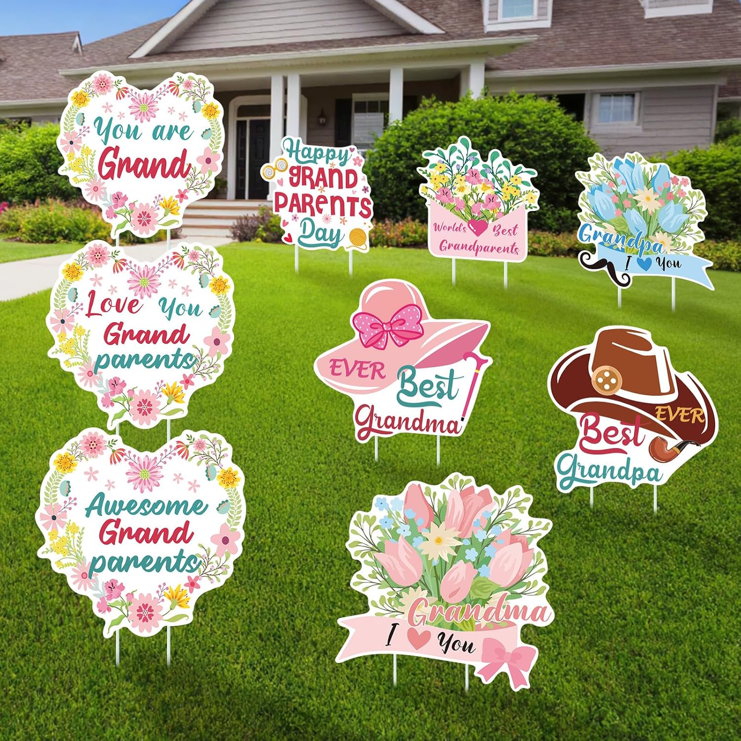 9 PCS Happy Grandparents Day Yard Signs with Stakes Love You Grandparents Lawn Signs Flowers Wreaths Bouquets Hats Party Decorations for Indoor Outdoor Grandma & Grandpa Party Supplies