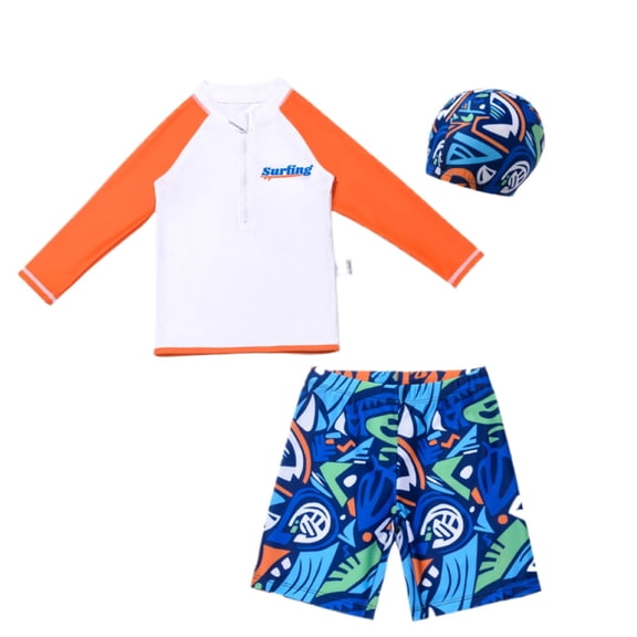 Arlun Boys Long Sleeve Swim Tops and Trunks Funny Print Rash Guard Comfortable Separates Swimwear Sets for Toddler Kids Swimming 3 Piece Quick-Dry Swimsuits with Cap Orange 12-13 Years