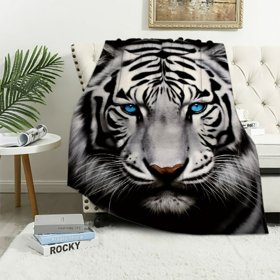 COMIO  White Tiger Stare Raschel Throw Blanket
