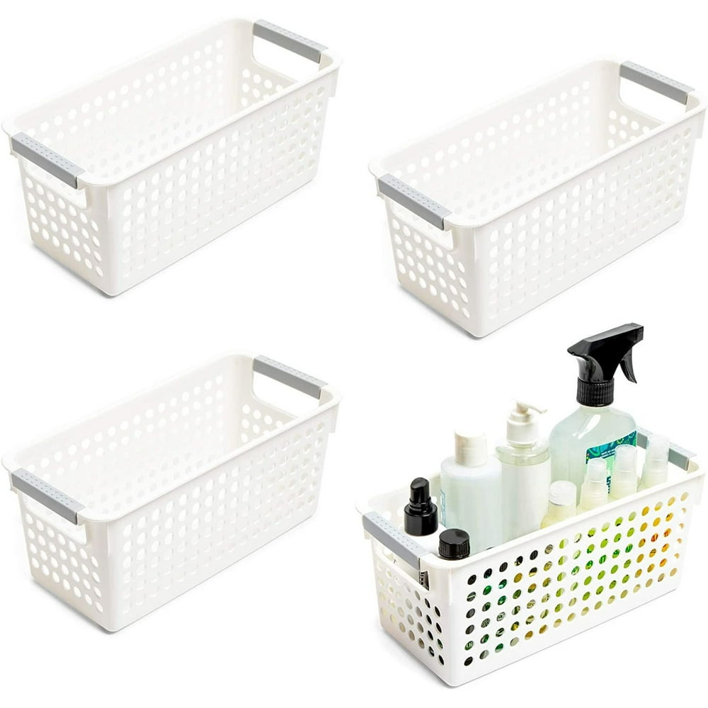 4Pack White Plastic Nesting Storage Shelf Baskets Bin Container Rectangle for Kitchen Bathroom