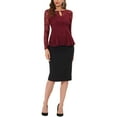 thumbnail image 2 of INSPIRE CHIC Women's Top Lace Keyhole Front Peplum Hem Sheer Long Sleeve Blouse XS Burgundy, 2 of 7