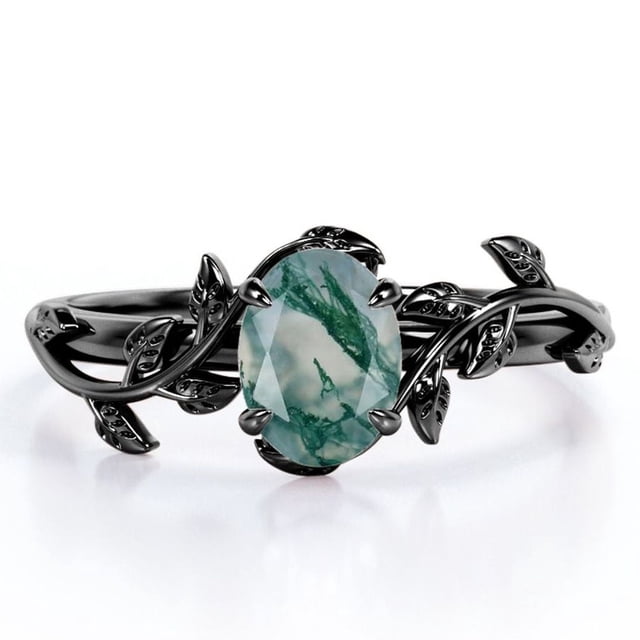 JeenMata Inspirado en la Naturaleza: Ágata Verde Musgo Ovalada 1,3 ct, Anillo de Compromiso con Engaste de 4 Puntas, Baño de Oro Negro 18 K sobre Plata