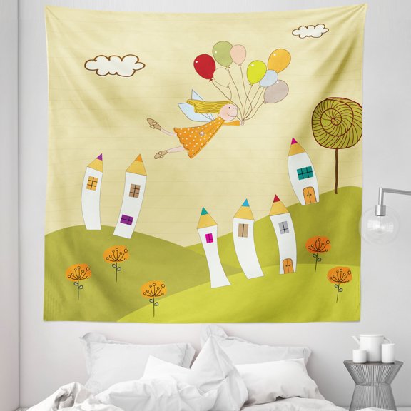 Fantasy Tapestry, Girl Floating over the City with Colorful Balloons Doodle Style Town on Hill, Fabric Wall Hanging Decor for Bedroom Living Room Dorm, 5 Sizes, Multicolor, by Ambesonne