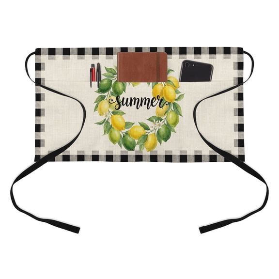 Vintage Summer Lemons Half Waist Apron Yellow Fruit Green Leaf Flower Striped Short Waiter Aprons with 3 Pockets for Women Men Kitchen Restaurant Cooking
