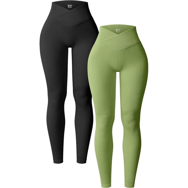 Women's 2 Piece Yoga Leggings Ribbed Seamless Workout High Waist Cross Over Athletic Exercise Leggings