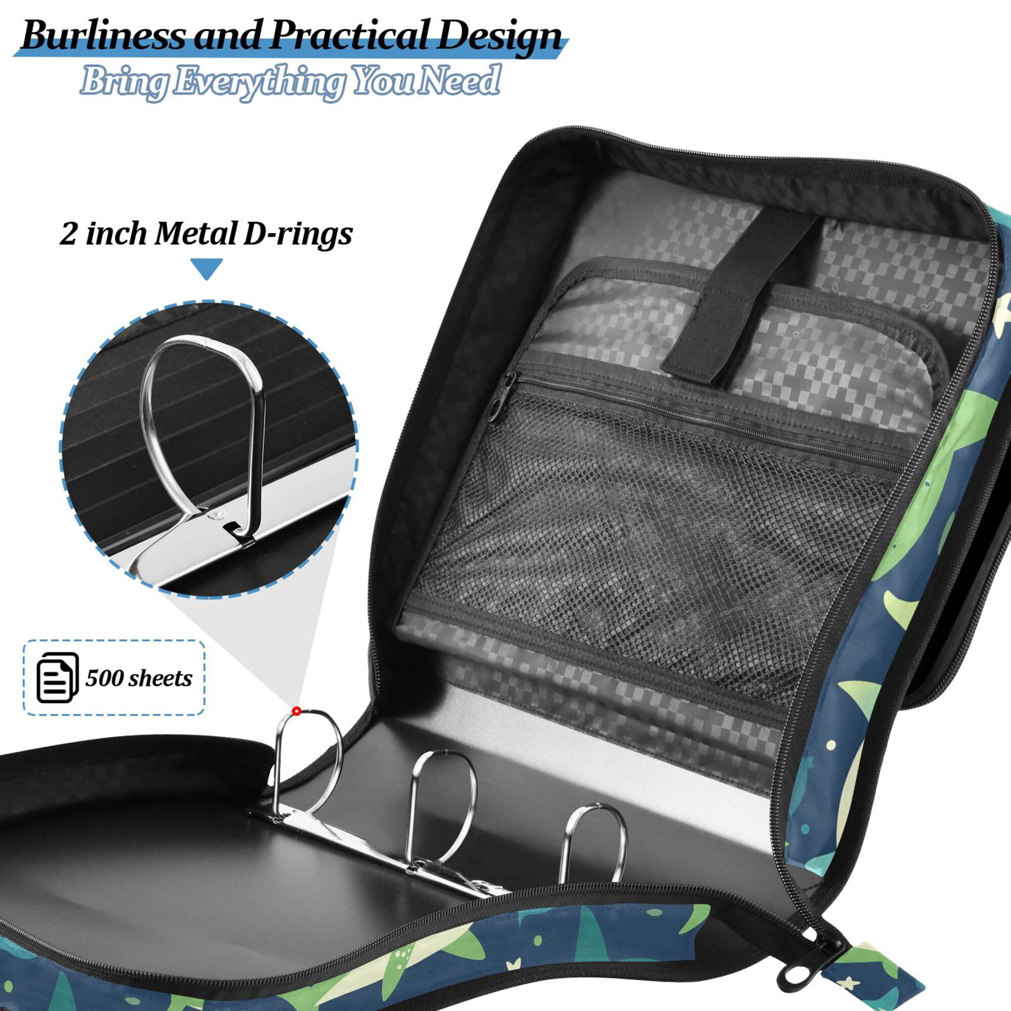 FORMRS Zipper Binder with Shoulder Strap 2-inch Ring 500 Sheet Capacity File Bag, Sharks Pattern