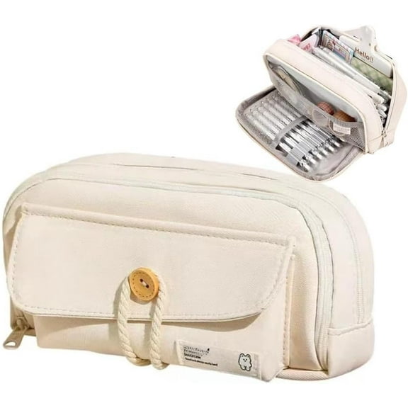 Kawaii Canvas Pen Pouch Bag with Large Capacity and Multi-layered Organization