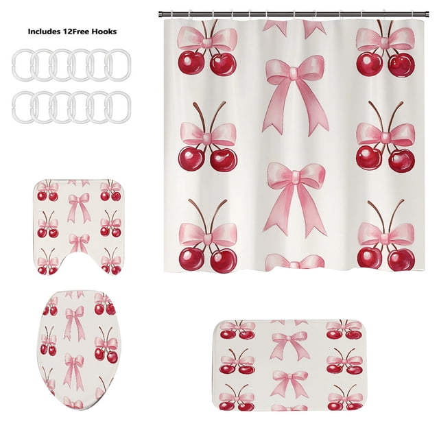 Crochets de Rideau de Douche, Ensemble de Rideau de Douche de la Saint-Valentin avec Nœud et Impression Numérique Rose, Cloison de Salle de Bain Imperméable avec Crochets Inclus