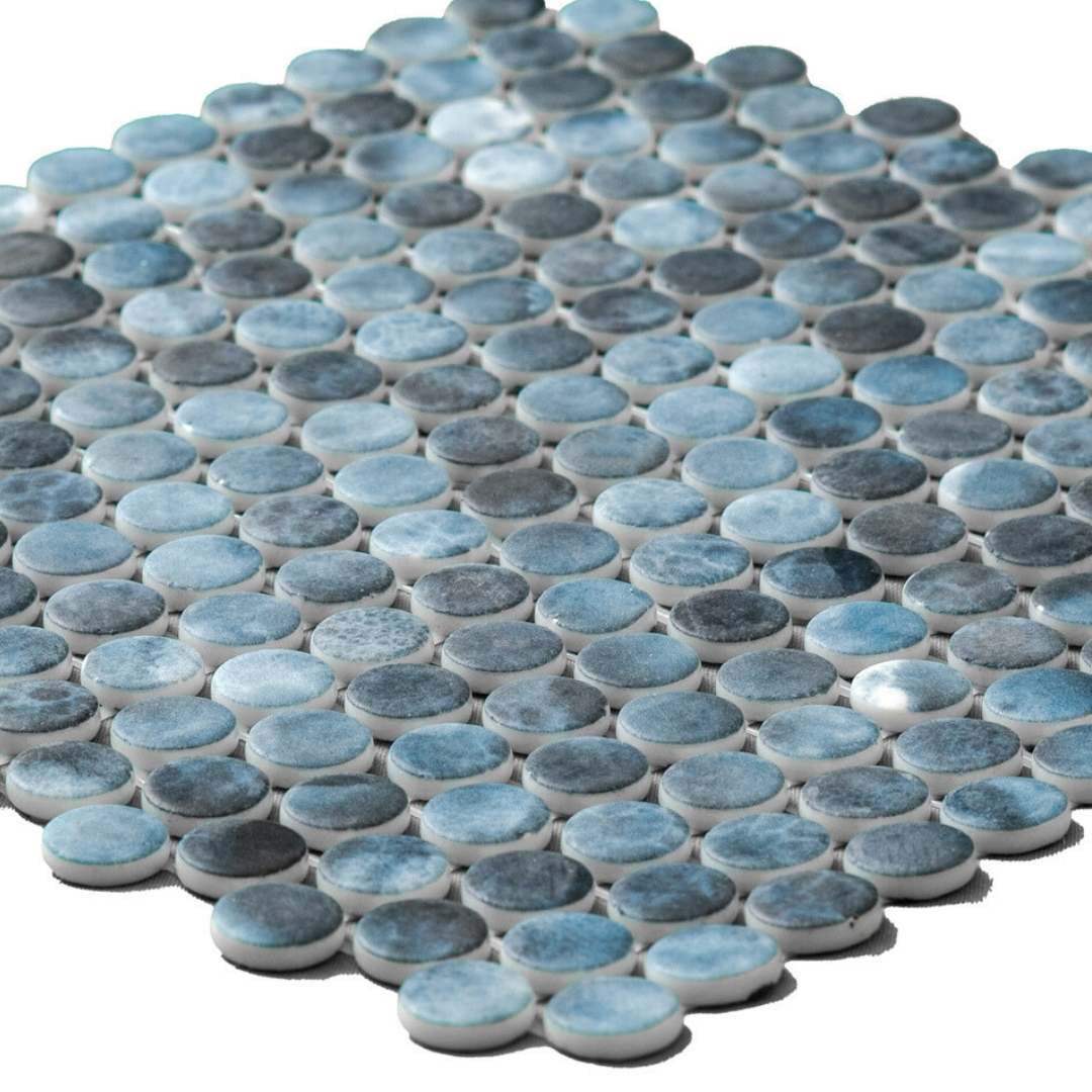 The Tile Life Eterna Penny 1" x 1" Onice Blue Glass Round Mosaic Floor and Wall Tile 1 Sheet