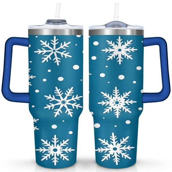 Blue White Snowflakes 40 Oz Tumbler with Handle Lid and Straw Stainless Steel Double Walled Vacuum Insulated Cup Merry Christmas Gifts Tumbler for Women Men Friends Outdoor Indoor