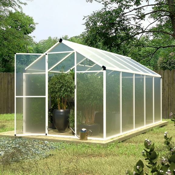VEIKOUS 6' x 10' Walk-in Greenhouse W/ Aluminum Frame, Lockable Sliding Door, Weatherproof for Outdoor, White