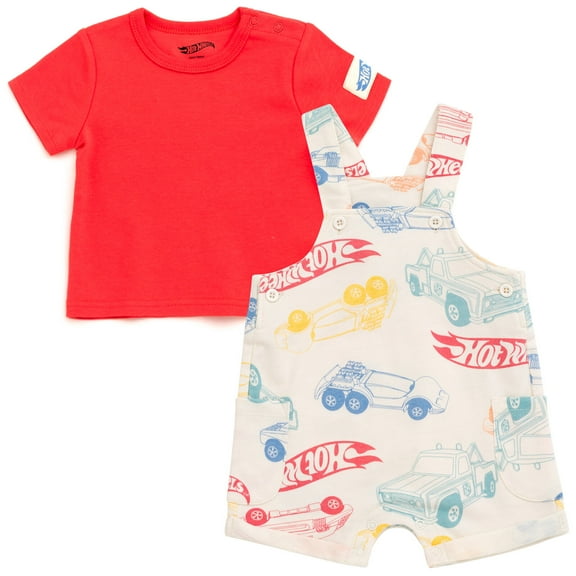 Hot Wheels French Terry Square Neck Short Overalls and T-Shirt Outfit Set Logo Newborn to Infant
