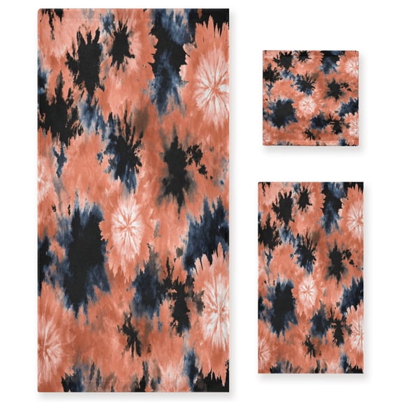 3 Piece Bath Towels Set Bath Towel, Hand Towel and Face Towel for Bathroom, Gym, Hotel Coral and Black Tie-dye Pattern