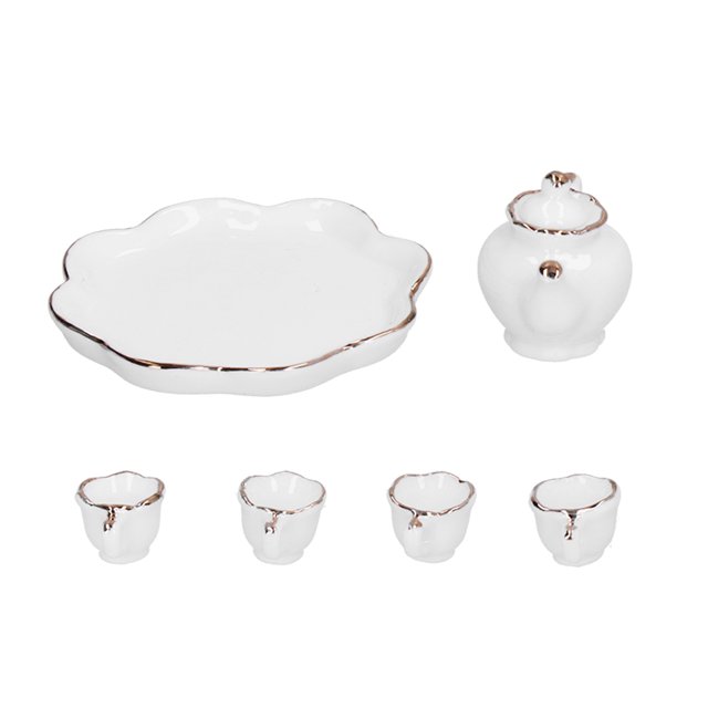 Juego de té para casa de muñecas 1:12, taza de té en miniatura, tetera, decoración de bandeja, accesorios de cocina, color blanco