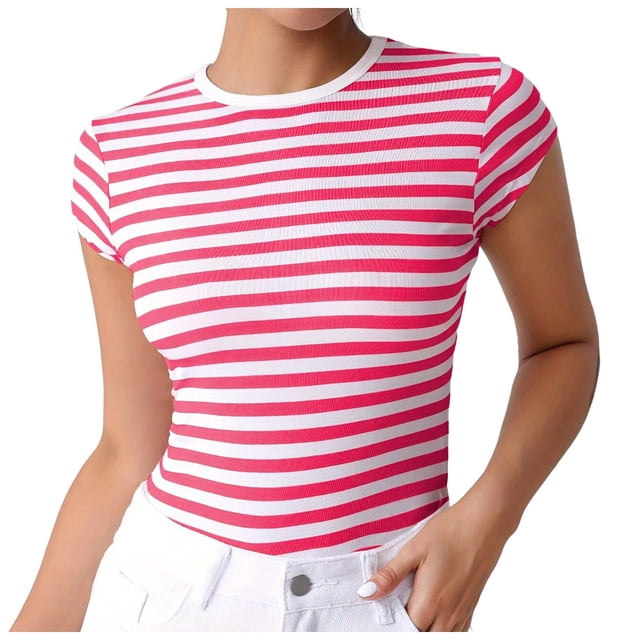 TSADFHJI Hauts et Robes d'Été Chemise Rayée Femmes Manches Courtes Col Rond T-Shirts pour Femmes Rayé Ajusté Tee Côtelé Extensible TTG
