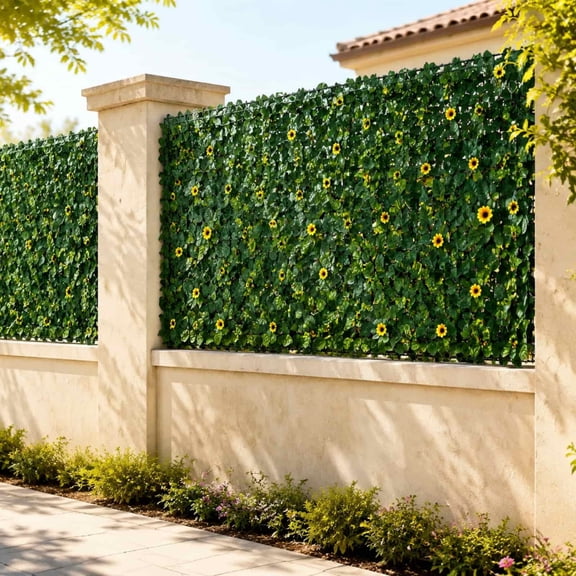Blateno 100×50cm Artificial Sunflower Hedge Fence Panel Weatherproof Plastic Faux Leaf Privacy Screen Expandable Green Plant Wall Decor for Balcony Garden Patio Backyard Outdoor Privacy Cover