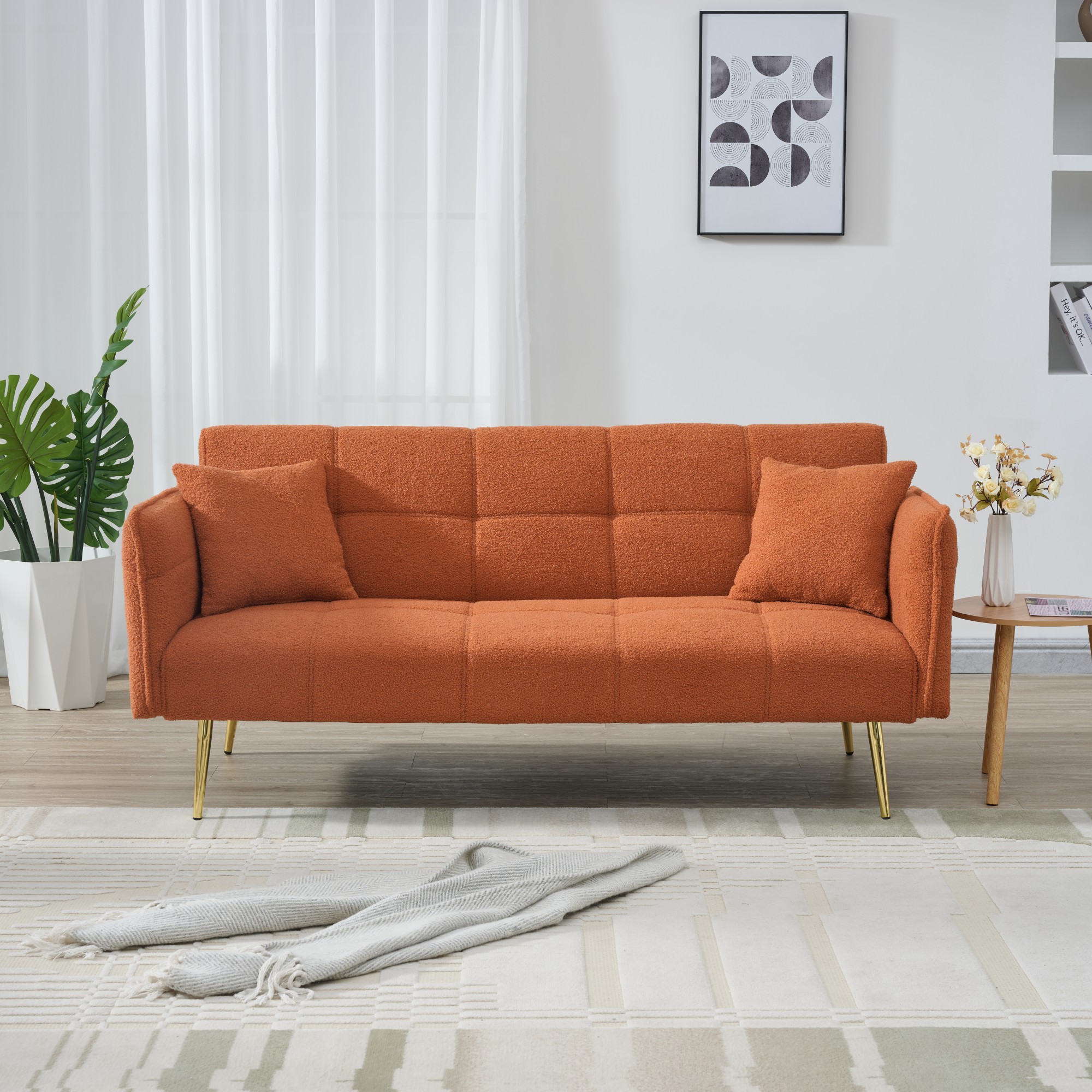 Futon Sofa Bed,Convertible Double Sofa Bed with Folding Armrests for Living Rooms and Small Spaces,Orange