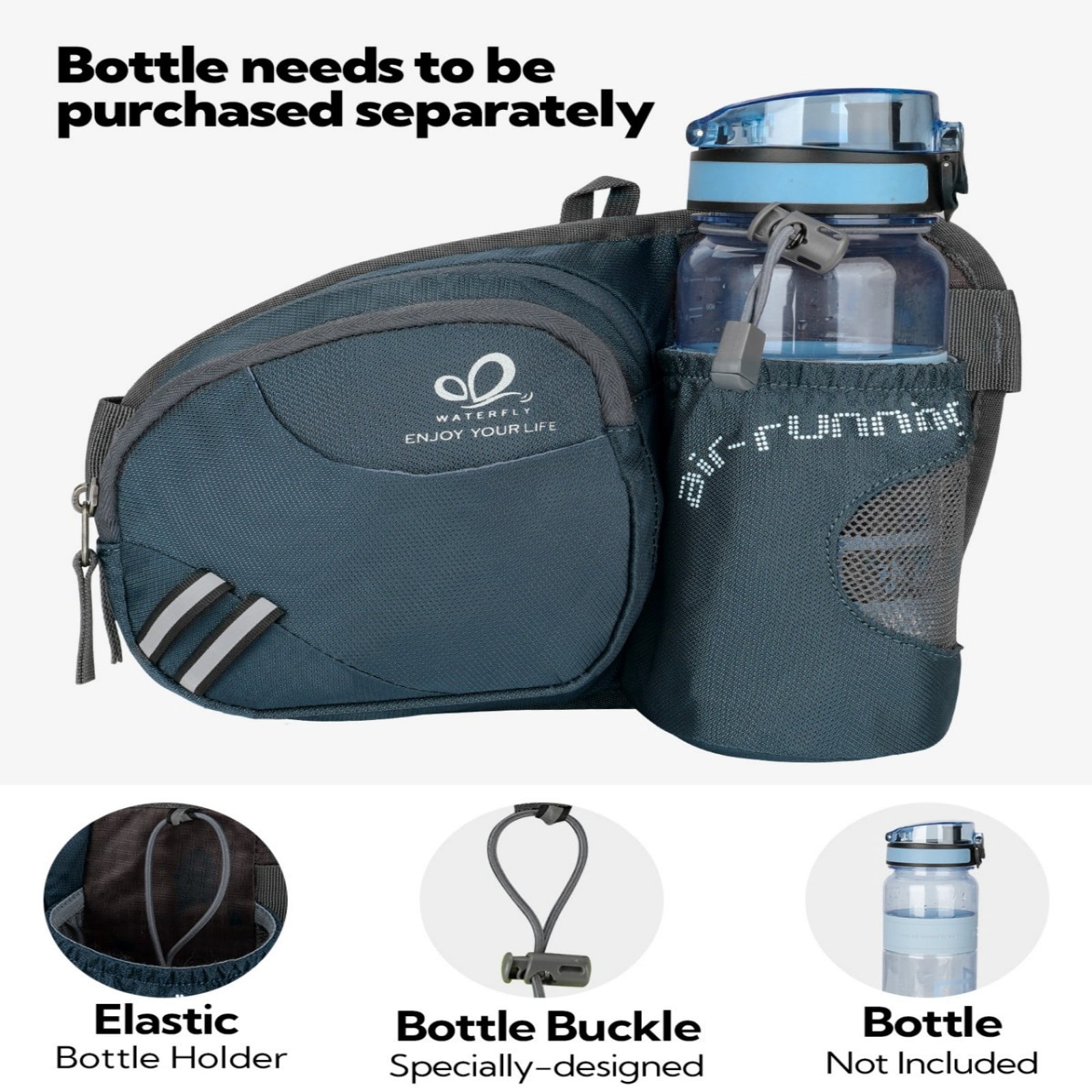 WATERFLY Unisex 3.5L Nylon Fanny Packs with a Water Bottle Holder Travelling Hiking Walking,Dark Gray