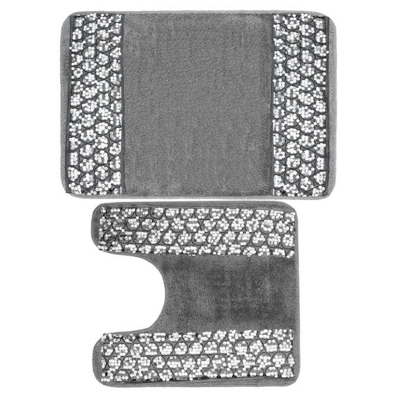 PBP Popular Sinatra Silver Bathroom Banded Bath & Contour Rug Set
