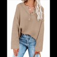 thumbnail image 3 of Suéteres de Gran Tamaño para Mujer, con Mangas Largas de Murciélago, Cuello en V Holgado, Botones, Estilo Henley, Jersey de Punto. Color Café M, 3 of 6