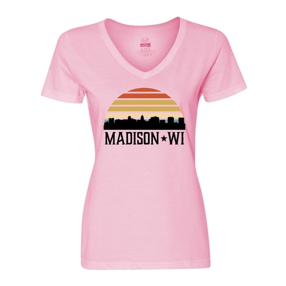Inktastic Madison Wisconsin Skyline Retro Sunset Women's V-Neck T-Shirt