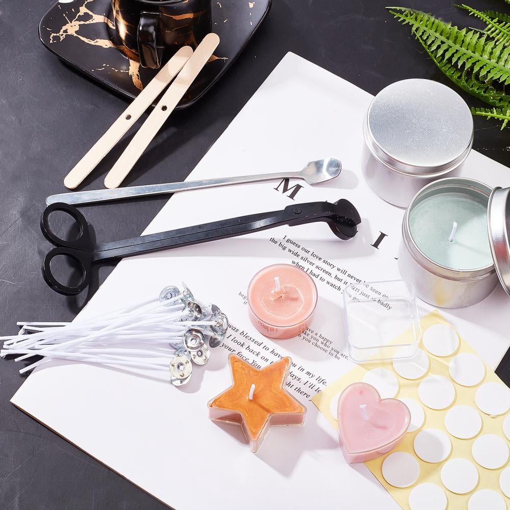 1 Box Candle Making Including Soy Wax Stainless Steel Cup & Handle Spoons & Wick Scissor & Wood Sticks Paper Stickers Plastic Candle Cups & Holder Aluminium Tin Cans Candle Wick Mixed Color 400g