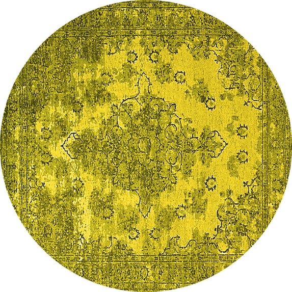 Ahgly Company Machine Washable Indoor Round Oriental Yellow Industrial Area Rugs, 4' Round