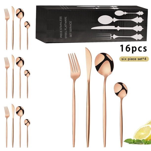 Juego de vajilla de acero inoxidable con pintura dorada portuguesa, cuchillo, tenedor, cuchara, cucharilla para té, caja de regalo