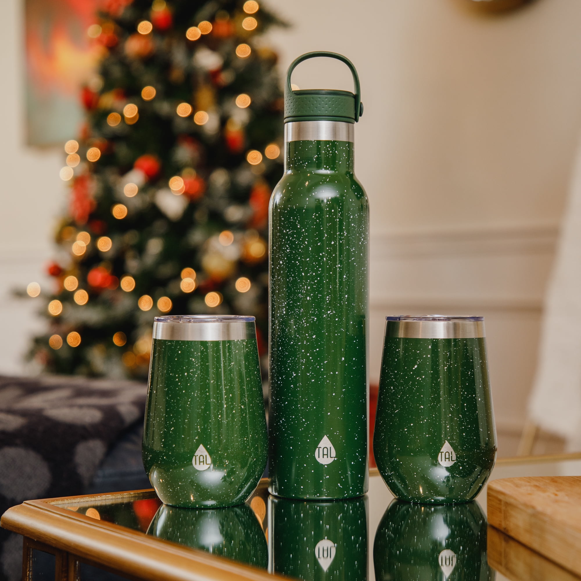 TAL Stainless Steel 26 fl oz Merlot Bottle and 12 fl oz Wine Tumbler, 3 Piece Set, Green Speckle