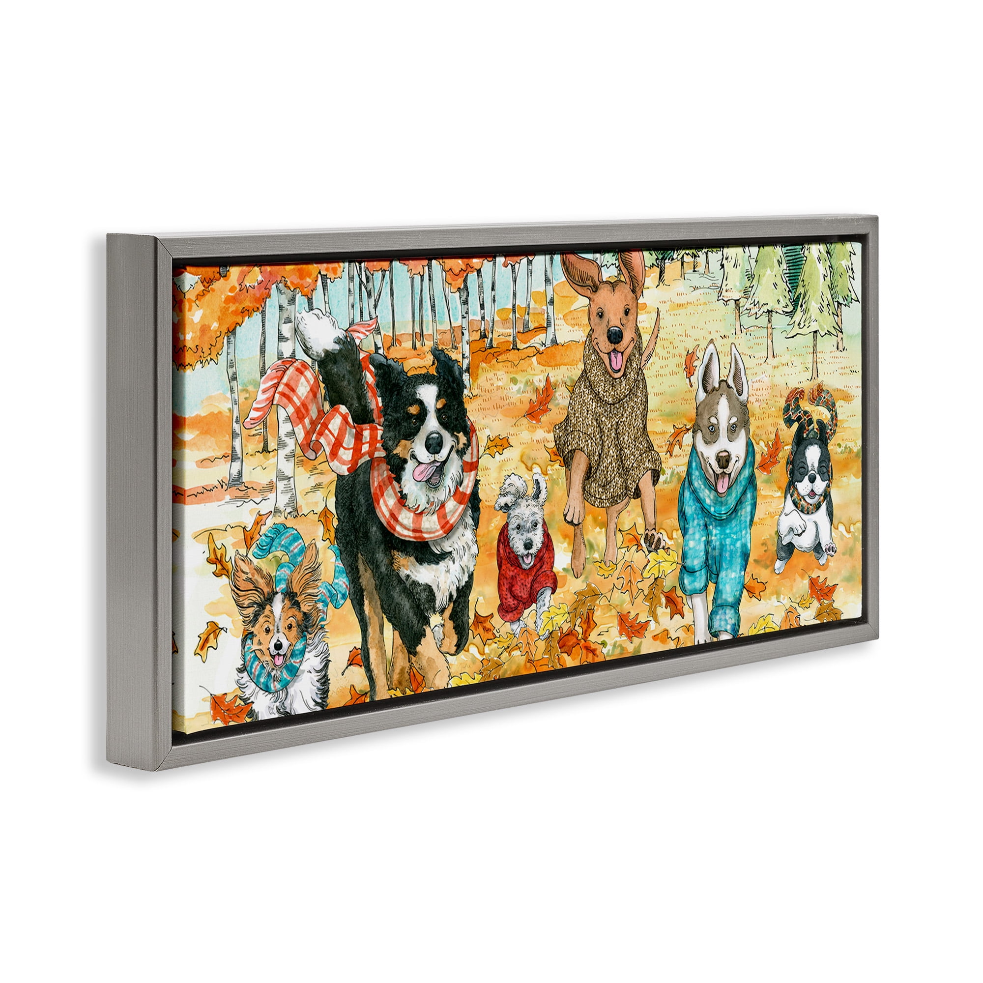 Stupell Industries Autumn Dog Park Animals Running Animals & Insects Painting Gray Floater Framed Canvas Art Print Wall Art, 31 x 14