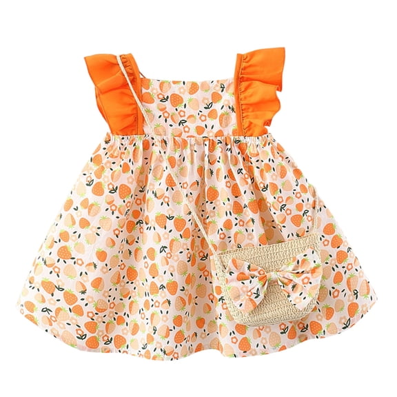 Dresses for Girls Girls Summer Beach Vacation Sleeveless Ruffles Floral Princess Dress Bag Set Girls Holiday Dress Orange 2 Years-3 Years
