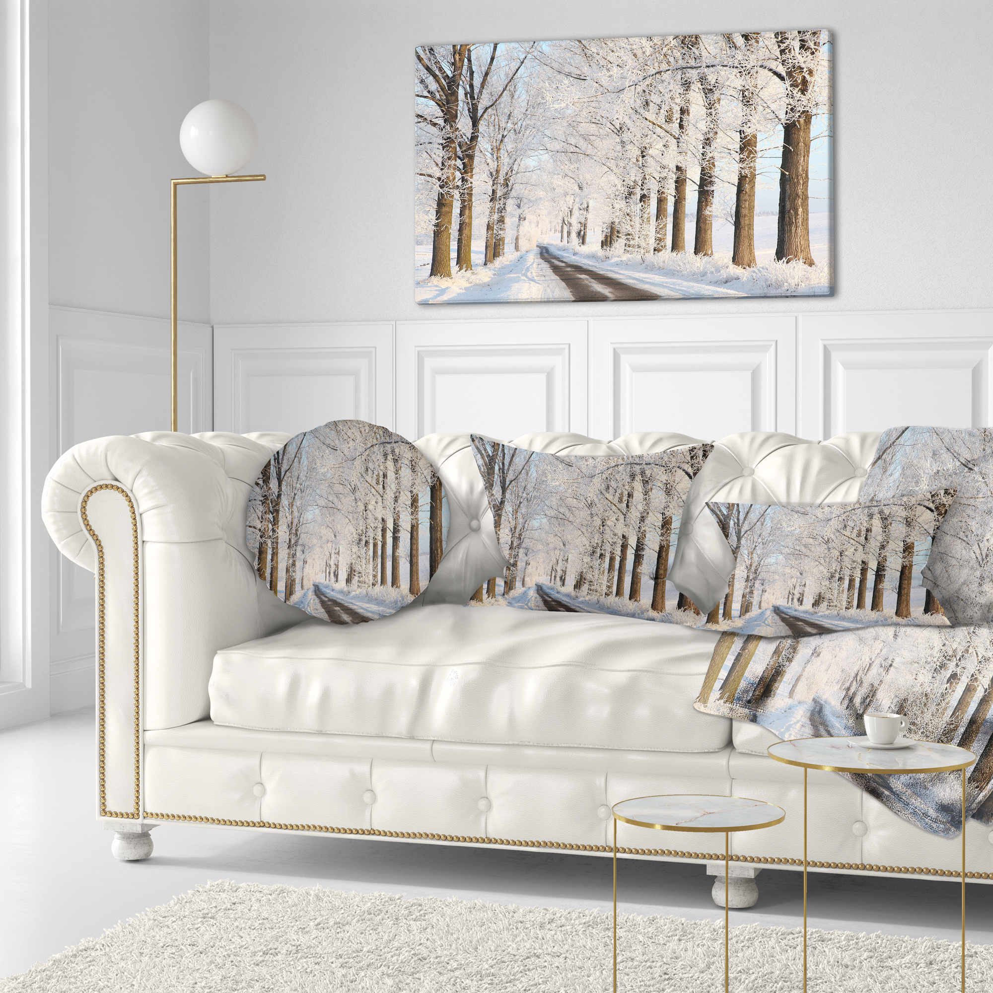 Designart Beautiful Winter Lane at Morning - Forest Throw Pillow - 12x20