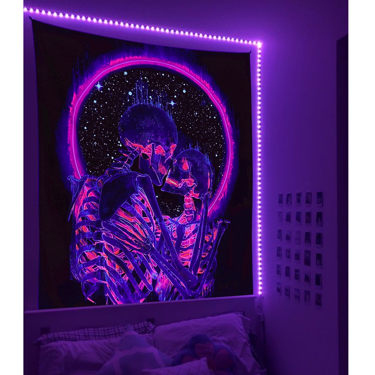 Simpkeely Neon Skull Tapestry, UV Reactive, Glow in Dark, Large Decor