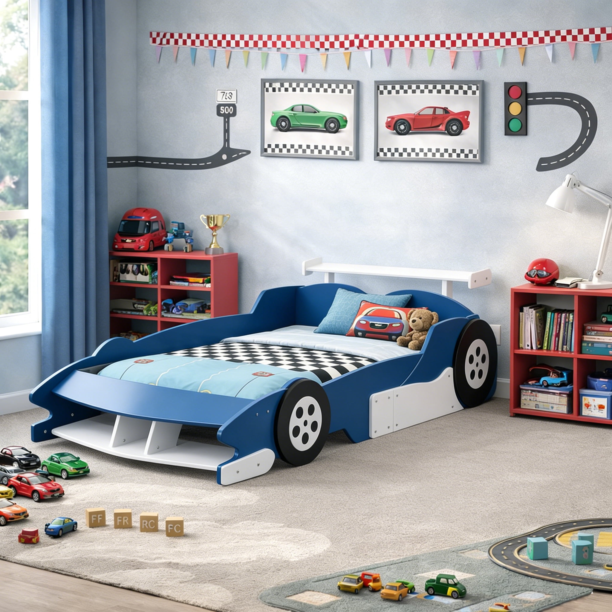 HICOMILA Twin Size Race Car-Shaped Platform Bed with Wheels, Car Bed Frame for Boys Girls, Wooden Twin Floor Bed, Blue