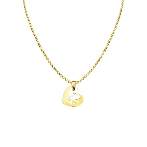 Precious Stars 14K Two-Tone Gold Double Heart 'Love Mom' Mother's Day Pendant with 16" Chain Necklace