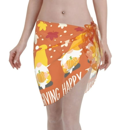 Coaee Happy Thanksgiving Three Gnomes Women s Short Sarongs Beach Wrap Sheer Bikini Wraps Chiffon Cover Ups for Beach  Swimming  Holiday