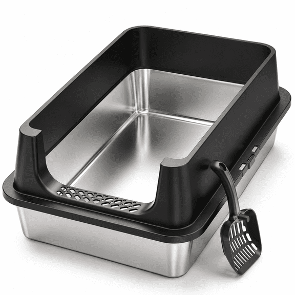 Black-1Pack XL Open Top Stainless Steel Cat Litter Box With High Sides