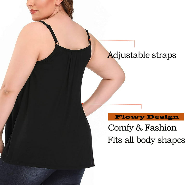 FITVALEN Women's Plus Size Camisole with Built in Bra Casual Loose Tank  Tops Sleeveless Crew Neck Shirts Flowy Cami with Adjustable Straps 2-Pack