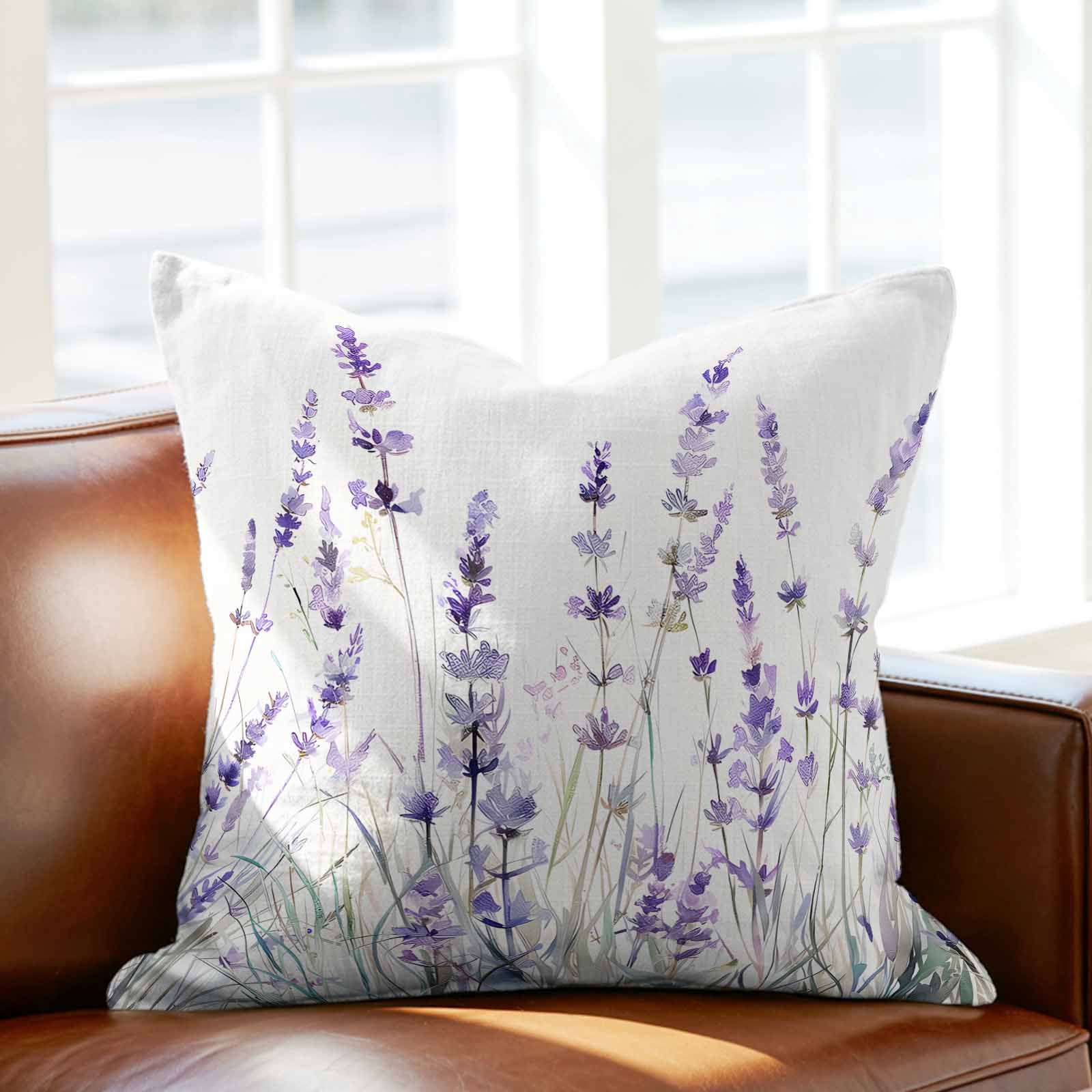 Pillow Covers 26x26 Inch, Lavender Floral Linen Pillowcase with Invisible Zipper, Spring Flowers Botanical Plants Decorative Throw Pillow Covers Cushion Case for Couch Sofa Bed Living Room