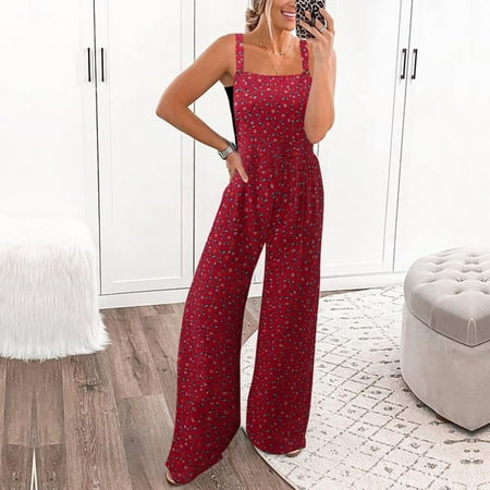 

kpoplk Bodysuit For Women Jumpsuit Women Casual Loose Short Sleeve Belted Wide Leg Pant Romper Jumpsuits(Red S)