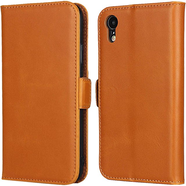 AmPm iPhone Xs Max Leather Case, Luxury Genuine Leather Wallet with Viewing Stand and Card Slots, Flip Cover Gift Boxed and Handmade for Apple iPhone Xs Max (DarkOrange)