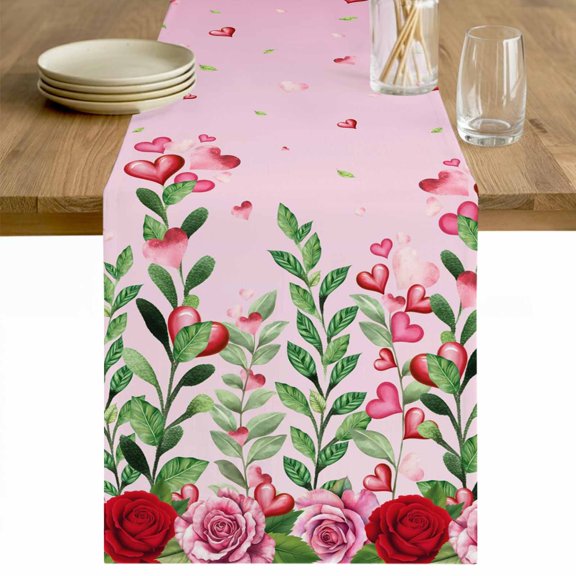 Valentine's Day Table Runner 72 Inches Long Farmhouse Dress Scarves, Pink Red Roses Love Heart Eucalyptus Gradient Dining Tablerunner for Coffee Table/Kitchen Island/Party Décor, 13" x 72"