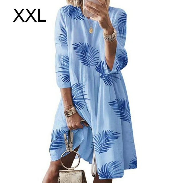 Xingzhi Robe Femme Vintage Imprimée Robe Manches 3/4 Col Rond Tissu, Feuille Bleue, TTG